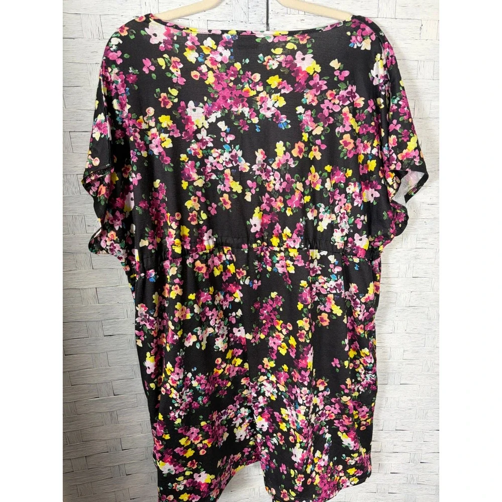 Lands End Womens Dress swim Cover-up Floral V-Neck Drawstring Waist Pockets
